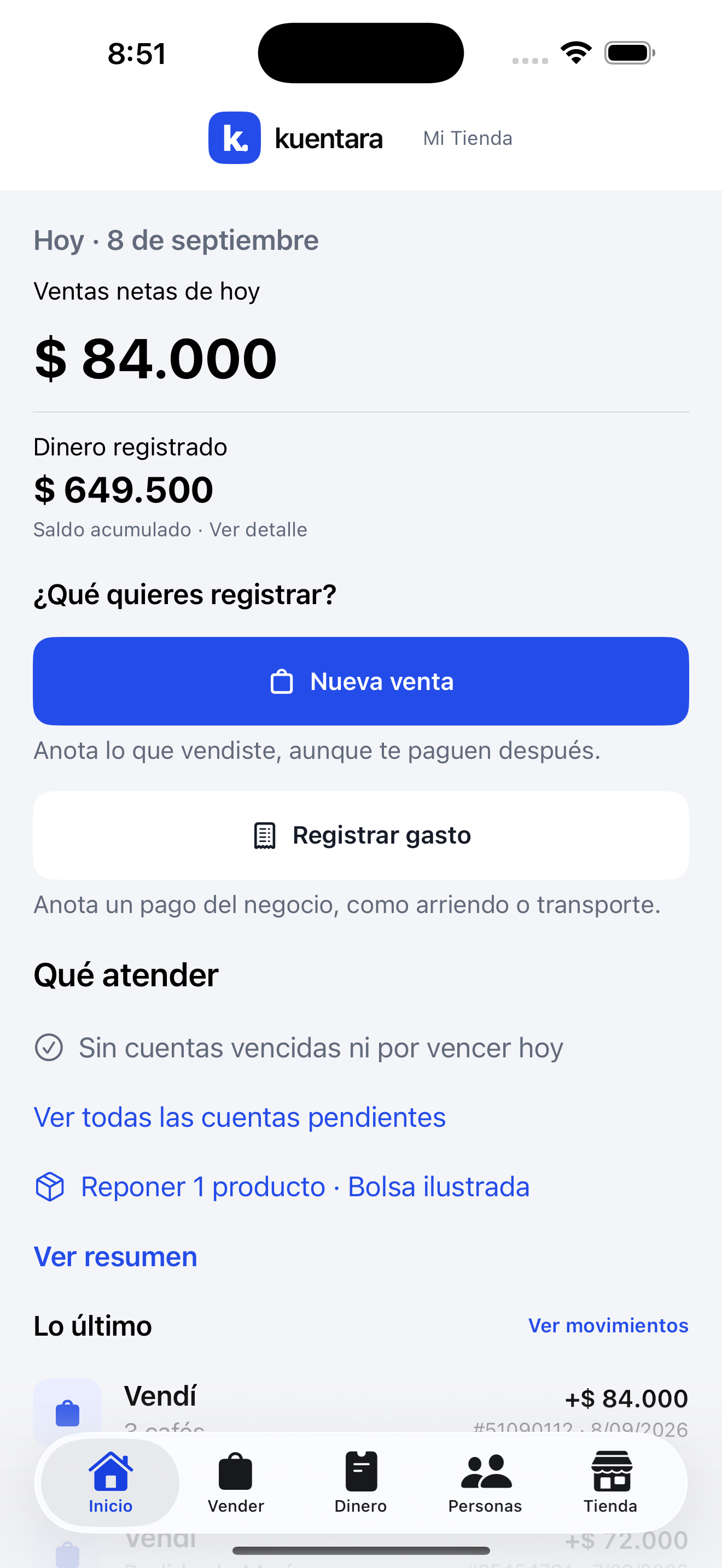Inicio de Kuentara con ventas y cuentas del negocio