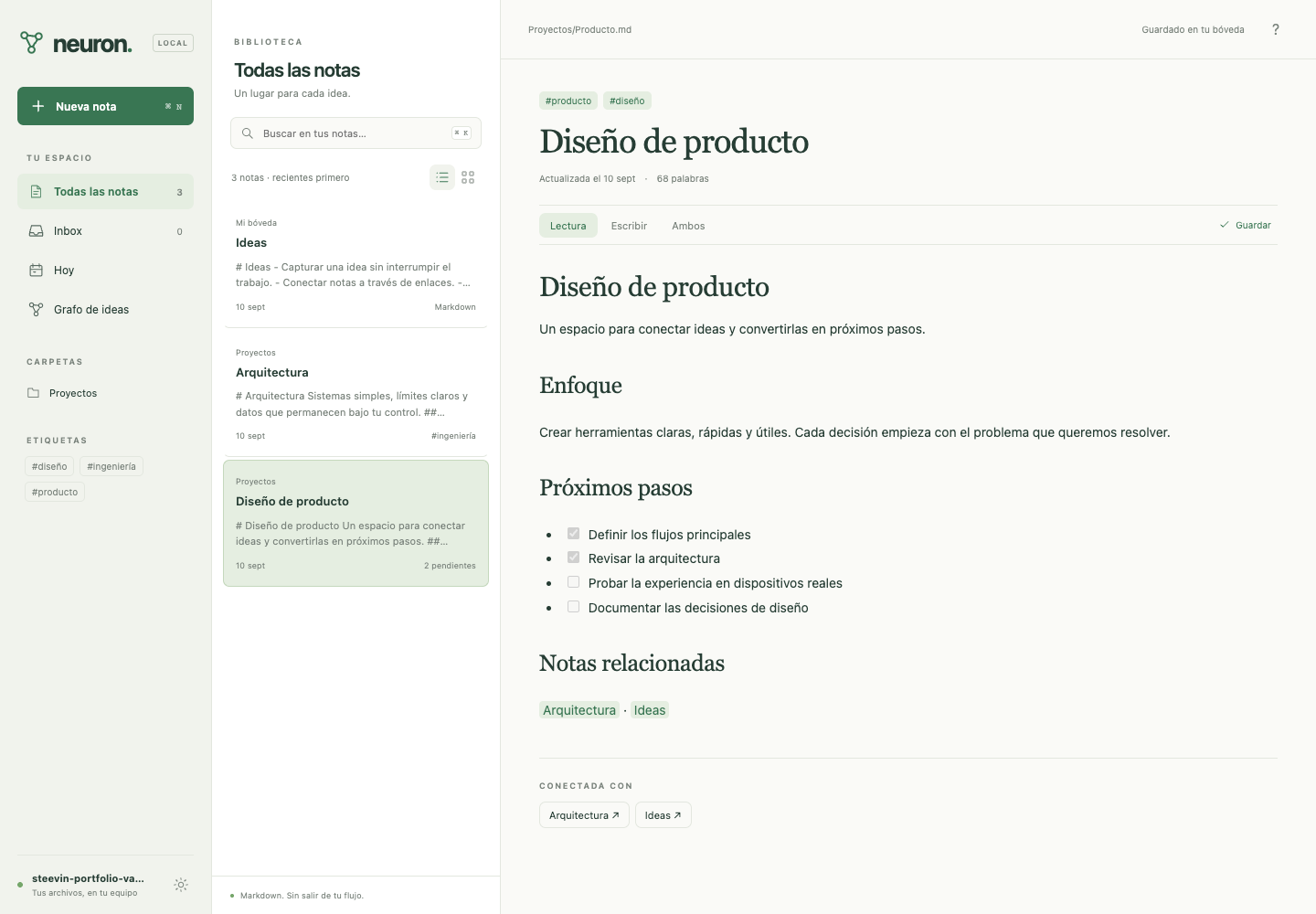Espacio web actual de neuron-cli con notas Markdown y tareas