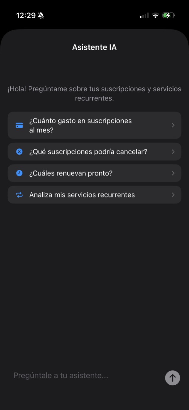 Asistente IA con preguntas rápidas sobre suscripciones