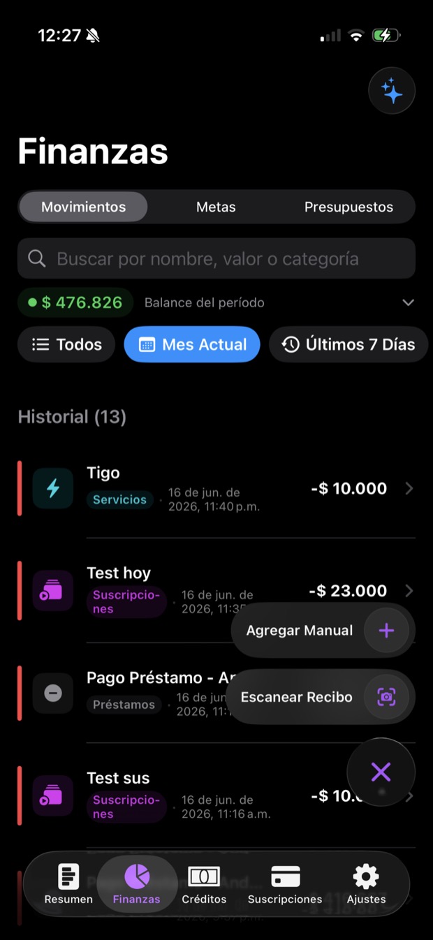 Historial de movimientos, filtros y acciones para agregar manualmente o escanear recibo