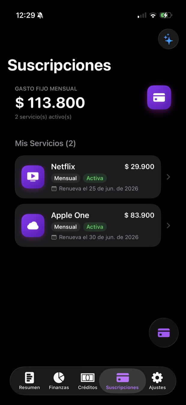 Vista de suscripciones con gasto fijo mensual y servicios activos
